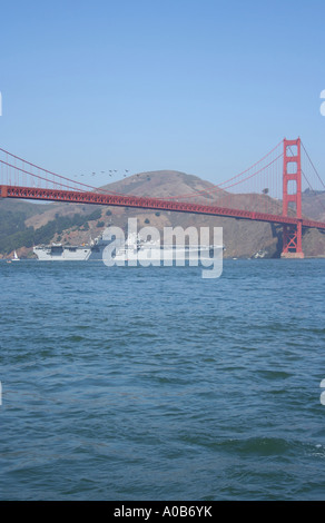 USS Bonhomme Richard passing under Golden Gate Bridge San Francisco during Fleet Week  October 2006 Stock Photo