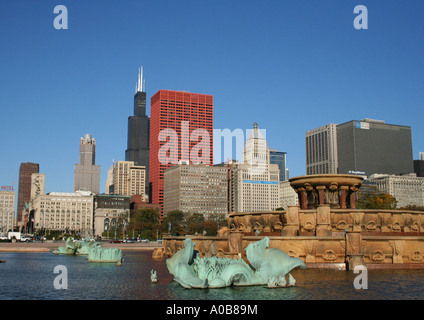 Chicago skyline including Willis Tower formerly Sears Tower from Buckingham Fountain Grant park  October 2006 Stock Photo