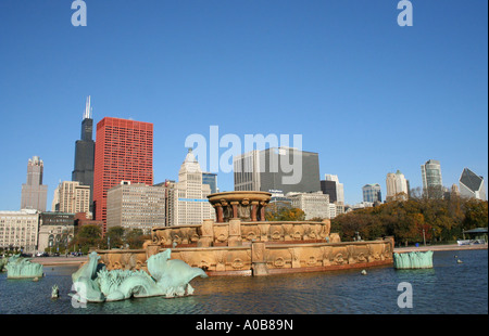 Chicago skyline including Willis Tower formerly Sears Tower from Buckingham Fountain Grant park  October 2006 Stock Photo