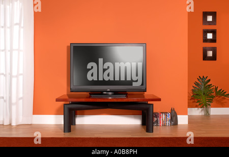 Plasma TV television flat screen monitor in room horizontal Stock Photo