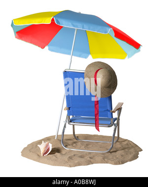 Blue Beach Chair with Umbrella hat sand shell Stock Photo