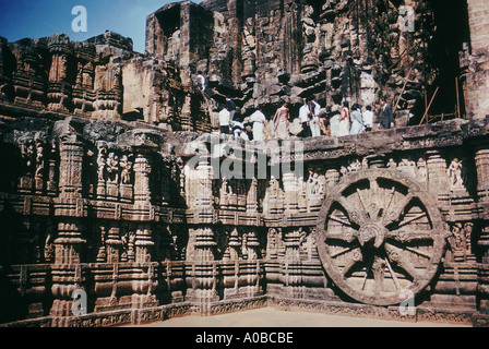 Carved chariot wheel on the south side Sun Temple Konark ,Orissa, India. Stock Photo