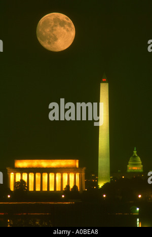 Moonrise over Washington DC skyline showing Lincoln Memorial Washington Monument and the Capitol Stock Photo