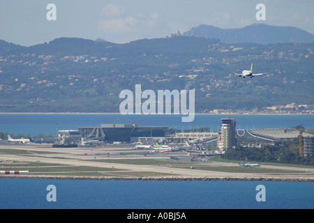 Aeroplane coming to land at Nice Airport France Stock Photo