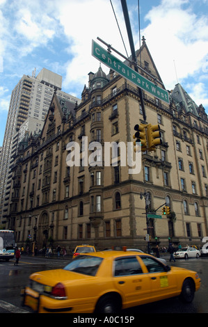 The Dakota Apartments across from the Imagine memorial to John Lennon in Strawberry Fields in Central Park in NYC Stock Photo