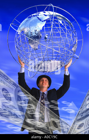 Businessman holding wireframe earth Stock Photo