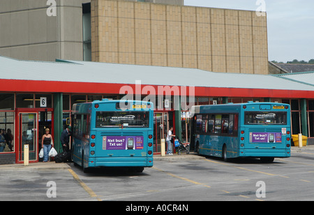 Arriva buses waiting at a bus station in Dewsbury, England. Stock Photo