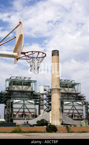Basketball backboard with AES Huntington Beach Generating Station in the background, Huntington Beach, California, USA (July 06) Stock Photo