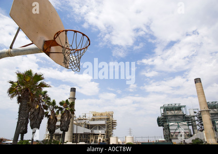 Basketball backboard with AES Huntington Beach Generating Station in the background, Huntington Beach, California, USA (July 06) Stock Photo