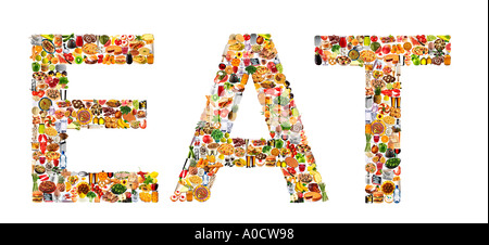 FOODFONT LETTER ON WHITE EAT Stock Photo