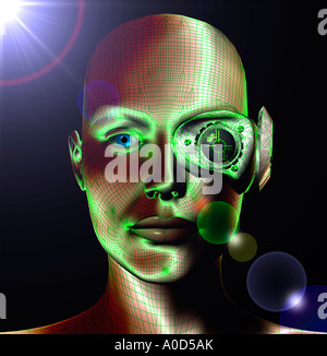 3D computer generated female robot with bionic headset Stock Photo