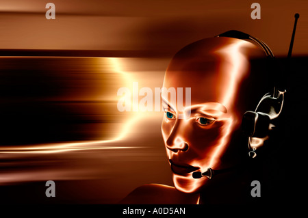 3D computer generated female robot with bionic headset Stock Photo