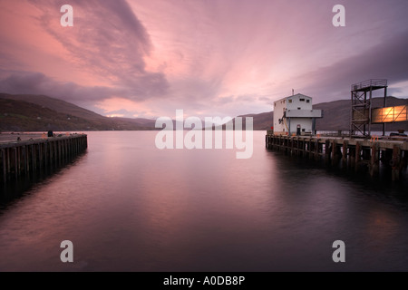 Sunrise over Ullapool Harbour in Scotland. Stock Photo
