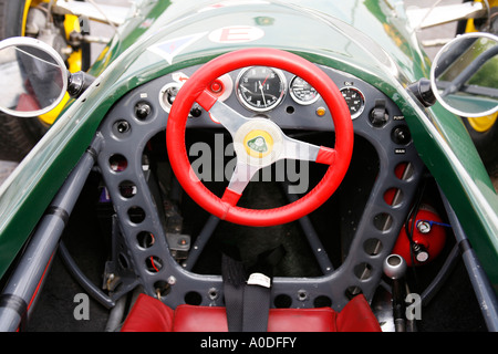 Drivers view of the cockpit of a Lotus Formula 1 Racing Car from the Donnington Grand Prix Collection. Stock Photo