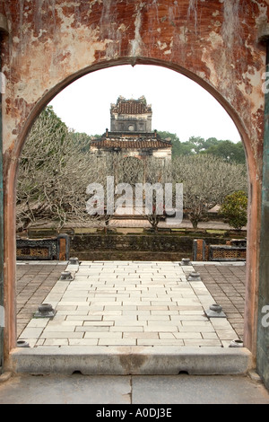 Vietnam Central Hue Royal Tombs Tomb of Emperor Tu Duc ruled 1848 83 Stele Pavilion from the tomb enclosure gate Stock Photo