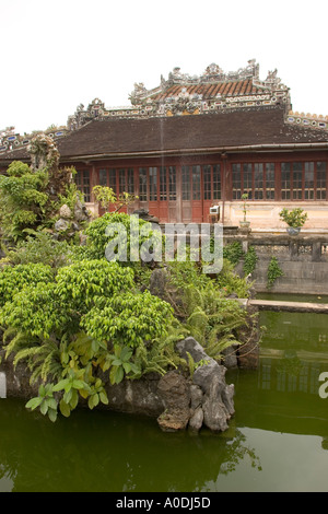 Vietnam Hue Citadel Imperial Enclosure Emperors reading room Thai Binh Lau with miniature water rock garden Stock Photo