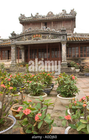 Vietnam Hue Citadel Imperial Enclosure Emperors reading room Thai Binh Lau courtyard potted Euphorbia Euphorbia Millii Stock Photo