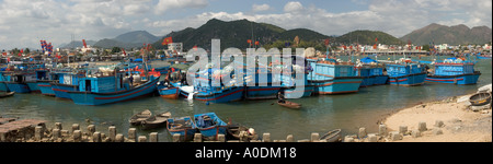 Vietnam Nha Trang city Cai River fishing harbour Xom Bong bridge and Po Nagar Cham Towers panoramic Stock Photo