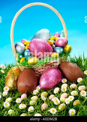 CHOCOLATE EGGS IN BASKET Stock Photo