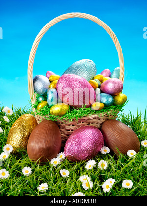 CHOCOLATE EASTER EGGS IN BASKET Stock Photo
