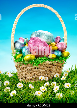 CHOCOLATE EGGS IN BASKET Stock Photo