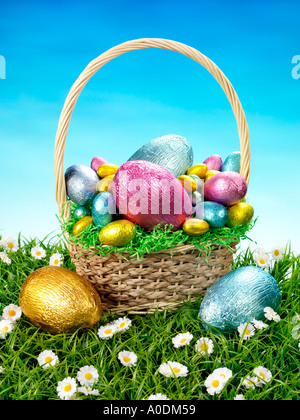 CHOCOLATE EGGS IN BASKET Stock Photo