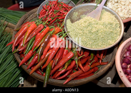 Vietnam South Mekong Delta Long Xuyen food Central Market food red chillies and grated coconut Stock Photo