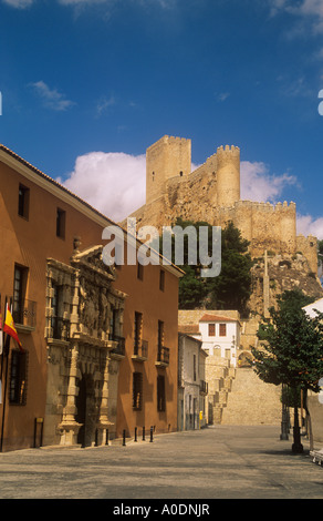 Street scene and castle, Almansa, Albacete Province, Castile-La-Mancha, Spain Stock Photo