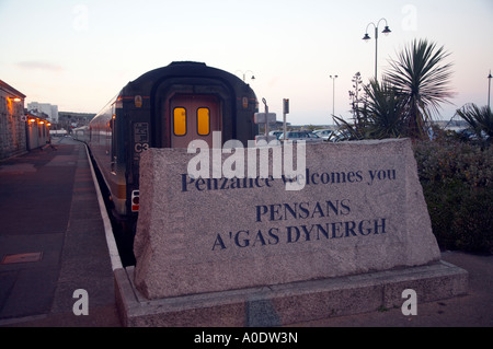 Cornish language welcome sign at Penzance railway station Cornwall UK Stock Photo