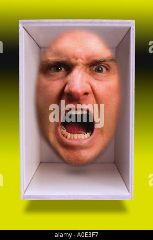 Businessman trapped in box screaming Stock Photo