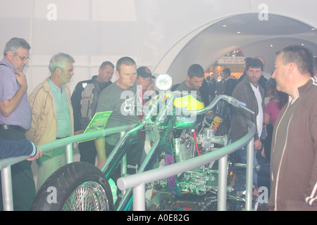 Synthetic smoke in a display at the motorcycle show. Stock Photo