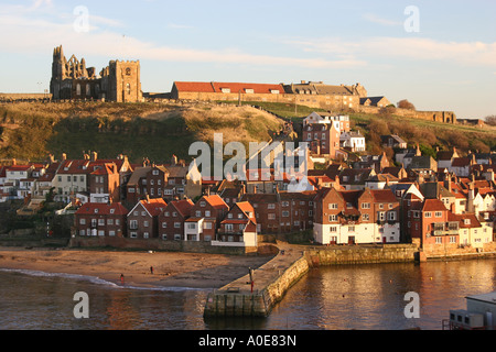 Looking from the north side of the River Eske across Whitby Harbour to Saint Mary’s Church and the Abbey. Stock Photo