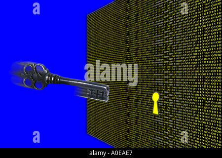 Computer security and locking unlocking binary numbers What is the key to unlocking the code Stock Photo