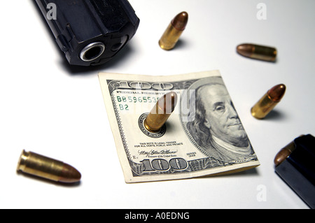 Weapons and money the two ingredients for power and greed on white background Stock Photo