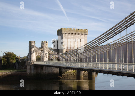 Old road suspension bridge by Thomas Telford across Afon Conwy River estuary.  Conwy North Wales UK Britain Stock Photo