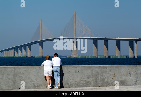 Sunshine Skyway Bridge which spans Tampa Bay Florida USA .Tourists Stock Photo