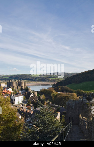 Town and medieval Castle from walls walk near highest tower Conwy North Wales Stock Photo