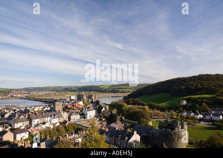 High view above historic walled town from walls walk near highest tower. Conwy North Wales UK Britain Stock Photo