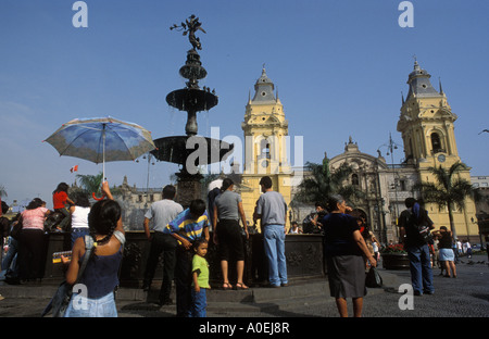 Fountain and Cathedral Plaza de Armas Lima Peru Stock Photo