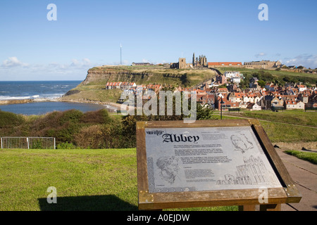 Abbey information board on West Cliff with St Mary's church and St Hilda's Abbey on East Cliff Whitby North Yorkshire England UK Stock Photo