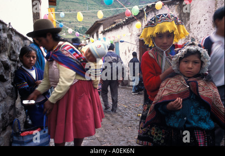 Girls and Street Scene Pisac Peru Stock Photo