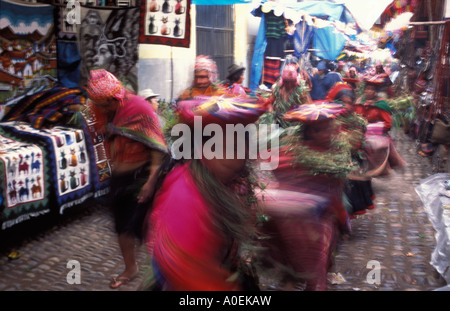 Girls Dancing in Street Carnival Day Pisac Peru Stock Photo