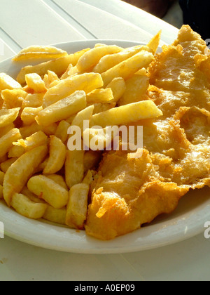 Traditional fish and chips at outdoor cafe on the seafront at Hastings Stock Photo