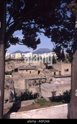 Looking over the ruined city of Herculaneum with Vesuvius in the background Stock Photo