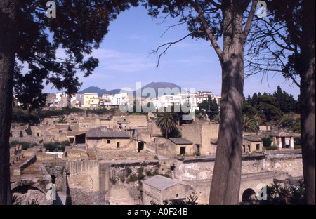 Overlooking Herculaneum with mount Vesuvius in the background, Italy Stock Photo