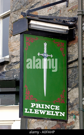 Sign hanging outside the PRINCE LLEWELYN hotel in Beddgelert Gwynedd North Wales UK Stock Photo