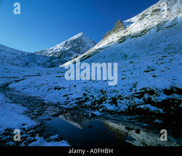 irelands highest mountain range covered in winter snow from the valley below, beauty in nature, Stock Photo