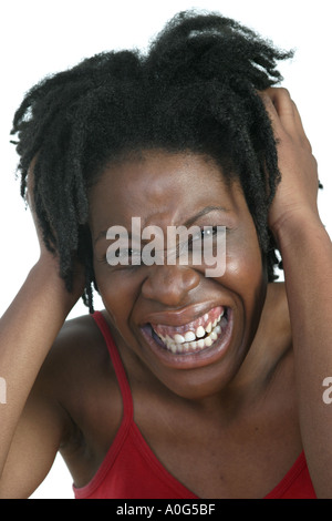 Black woman screaming at thye camera Stock Photo