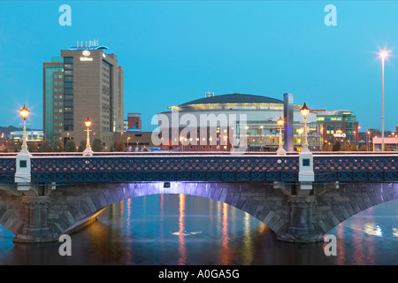 Queens Bridge, the Hilton Hotel and the Belfast Waterfront Hall at dusk. Laganside, Belfast, Northern Ireland Stock Photo