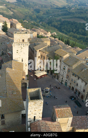 Rooftop view of San Gimignano, Tuscany, Italy. Looking down on Piazza della Cisterna from the Torre Grossa Stock Photo